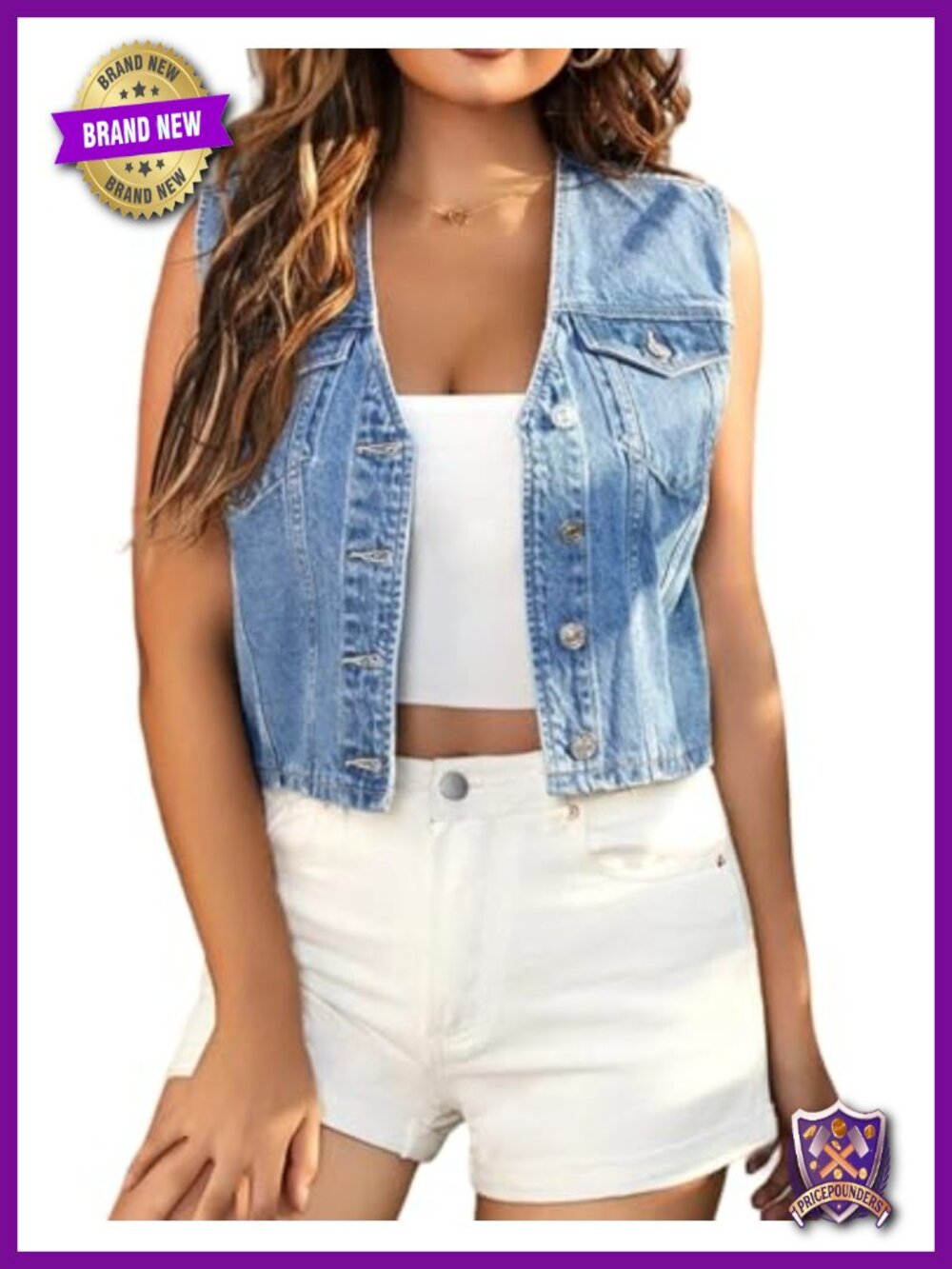 Women's Cropped V Neck Denim Vest Sleeveless Button Down Jean Waistcoat